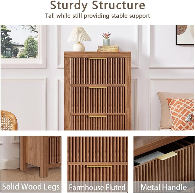 Modern 8-Drawer Solid Wood Dresser with Fluted Front & Gold Handles, Multifunctional Tall Storage Chest, for Hallway, Entryway, Walnut X2