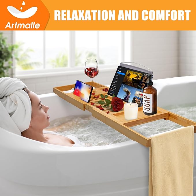 Artmalle Luxury Bathtub Caddy Tray for Tub - Foldable Bamboo Bath Table Tray with Book and Wine Glass Holder, Expandable Bathroom Accessories for Spa or Reading Lite Style