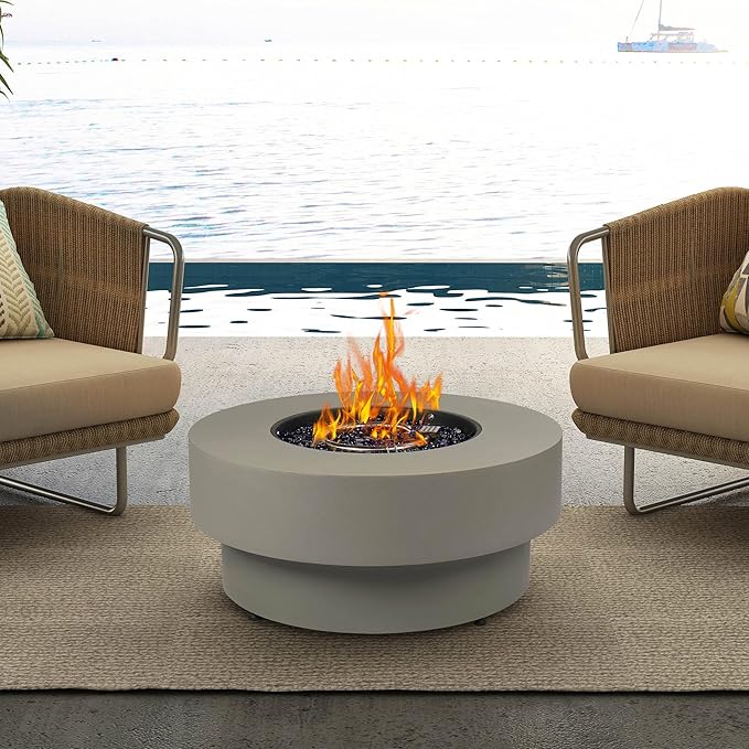 Propane Outdoor Fire Pit Table, Flint & Concrete Look 32.5-inch Round Patio Propane Fire Table 50,000 BTU w/Lid, Glass Rocks, Cover, Pre-Attached 10ft Hose