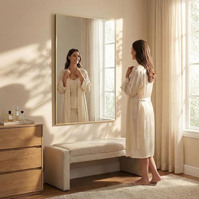 48"x30" Gold Landscape Bathroom Mirror for 48-60 inch Vanity | Shatterproof Tempered Glass, Narrow Metal Frame, Ultra-Flush Mount