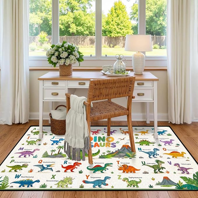 2'x3' Dinosaur Area Rug ABC Alphabet Educational Rugs for Entryway Bedroom Living Room Nursery Kitchen Playroom Home Decor Washable Cute Cartoon Dinosaur Floor Mat Carpet
