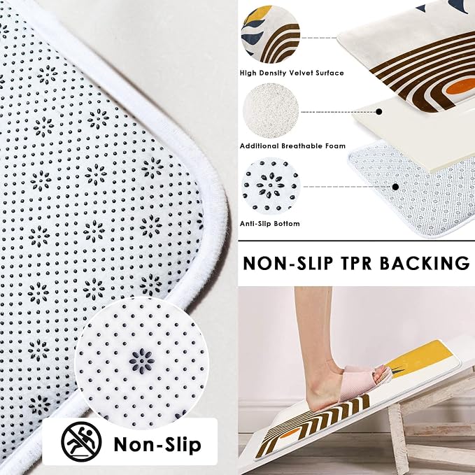 Boho Mid Century Shower Curtain Set with Toilet Lid Cover and Non-Slip Rugs, Modern Abstract 4 Pcs Yellow Sun Minimalist Shower Curtain for Bathroom Set with 12 Hooks
