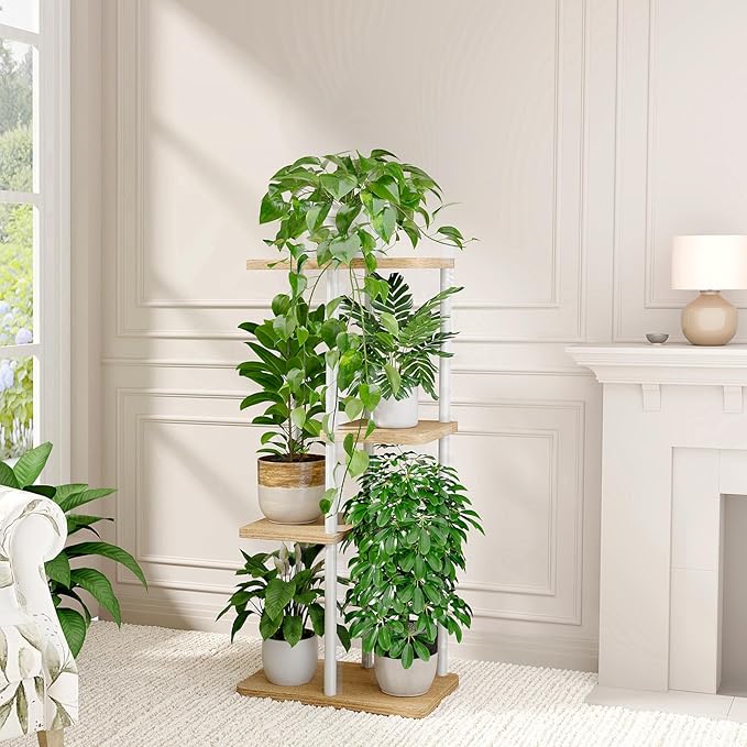 Bamworld Plant Stand Indoor, Corner 4 Tier Metal Plant Shelf for Multiple Plants, Tiered Flower Pot Stands for Patio Garden Balcony Living Room Bedroom, White
