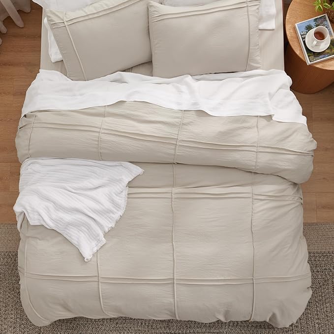 Bedsure Grid Boho Duvet Cover King Size - Shabby Chic Tufted Boho Bedding Set, 3 Pieces Shabby Chic Home Bedding for All Seasons, Includes 1 King Duvet Cover & 2 Pillowcases (Light Beige, 104" x 90")