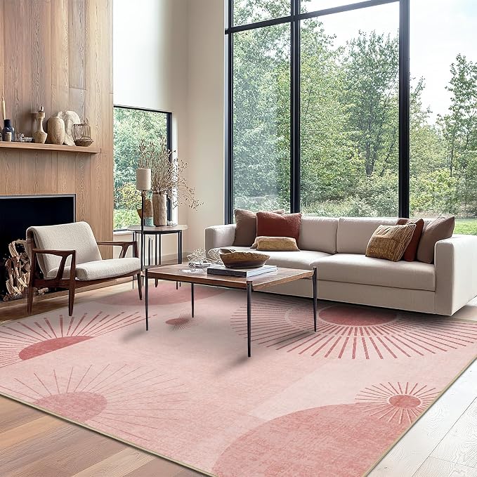 9x12 Large Area Rug for Living Room Sun Rug Mid Century Modern Rugs Machine Washable Boho Geometric Rug Non Slip Printed Low Pile Indoor Floor Carpet for Dining Room Bedroom Office,Pink