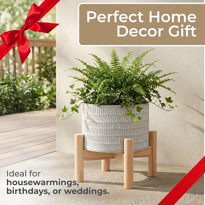 Stoneware Planter With Wood Stand – Plant Stand Indoor For Small Greenery, for Shelf, Table, or Windowsill, Modern Patterned Planter With Plant Riser Accent Home Decor – 6", Ivory Tan