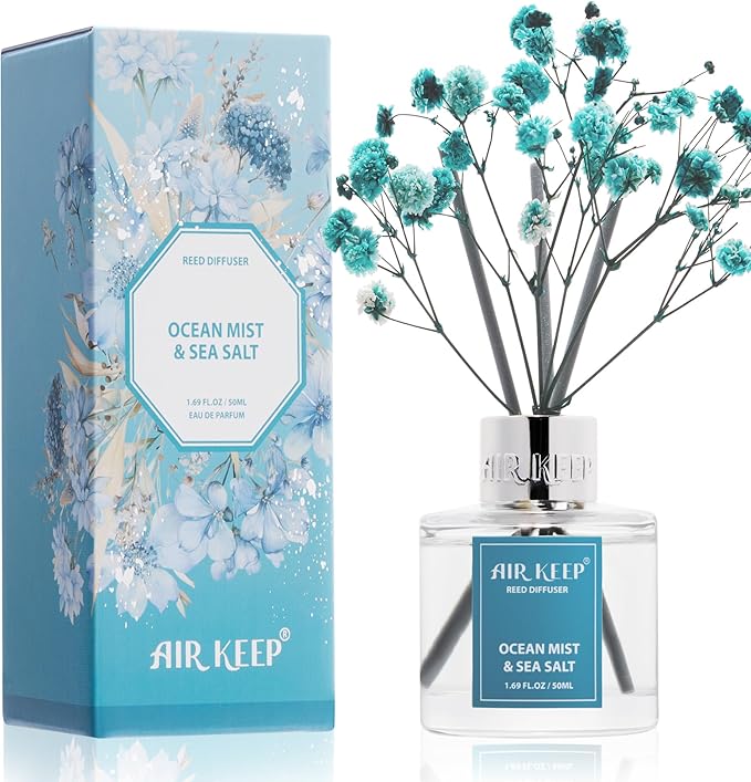 Airkeep Reed Diffuser Set,1.69 fl oz (50 ml) - Ocean Mist&Sea Salt Oil Diffusers with 8 Reed Sticks,Home Fragrance Reed Diffuser for Bathroom Shelf DecorSALT