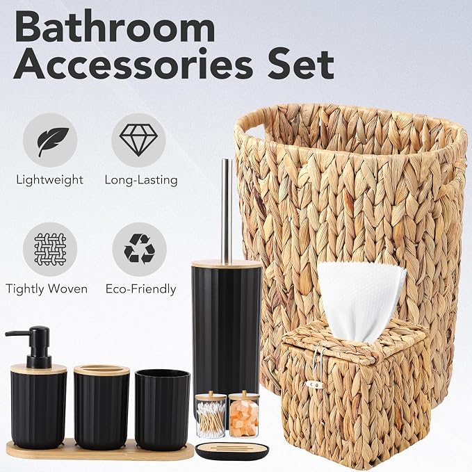 Bathroom Accessory Set, 10 Pieces Bath Set- Wicker Trash Can Tissue Box Soap Dish Toothbrush Holder Rinse Cup Lotion Bottle Toilet Brush Qtip Holder - Practical Bathroom Decor Sets (Rattan Black)