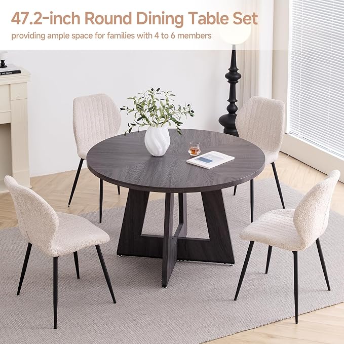 47" Round Dining Table Set for 4 with Chairs Kitchen Table and Chairs Set Mid-Century Modern Chair with Metal Leg for Apartment Living Room(Dark Gray Table with 4 Beige Chairs)