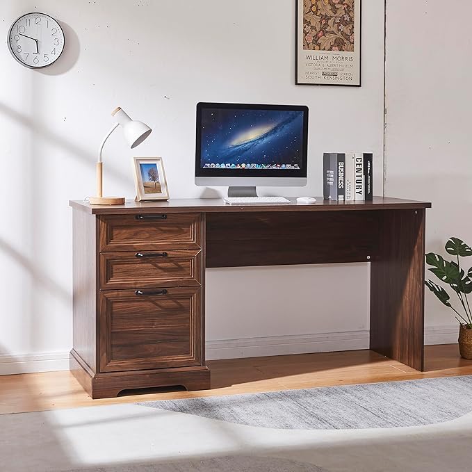 60" Farmhouse Executive Desk with Charging Station,Home Office Desk with 2 Drawers &1 File Cabinet,Wood Work Desk for Office and Home (Brown)