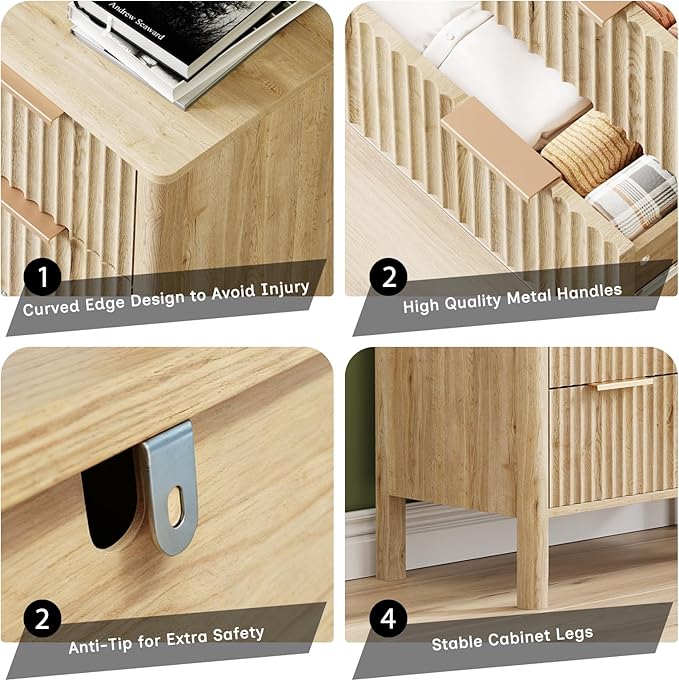 47" Tall Dressers for Bedroom Fluted 5 Drawer Dresser, Wooden Dresser Modern Chest of Drawers Dressers with Organizer Storage for Bedroom, Living Room, Entryway, Oak