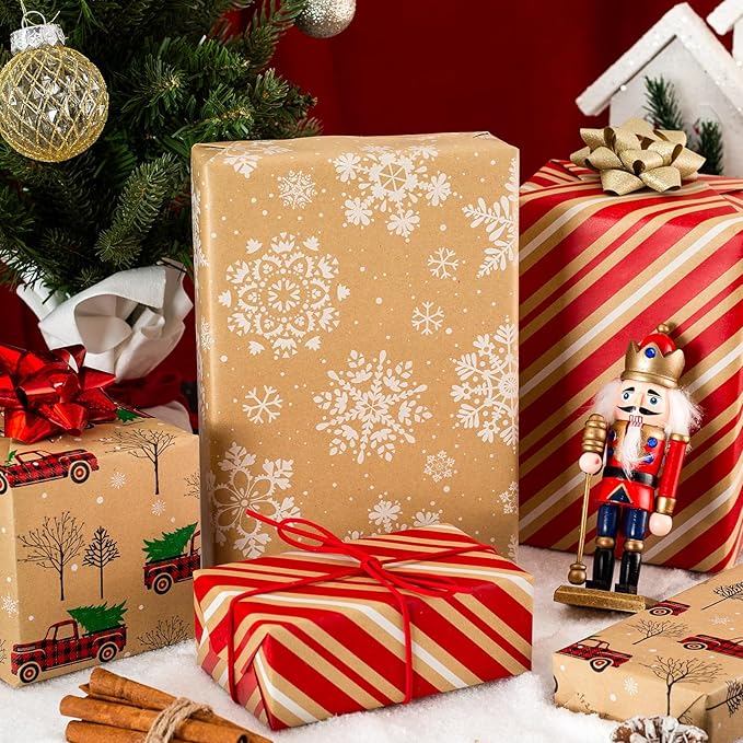 MAYPLUSS Christmas Wrapping Paper Roll - Mini Roll - 17in x 120in - Christmas Kraft Paper White Snowflake Red Truck, Stripe for Party, Birthday, Wedding, Anniversary (42.3 sqft)