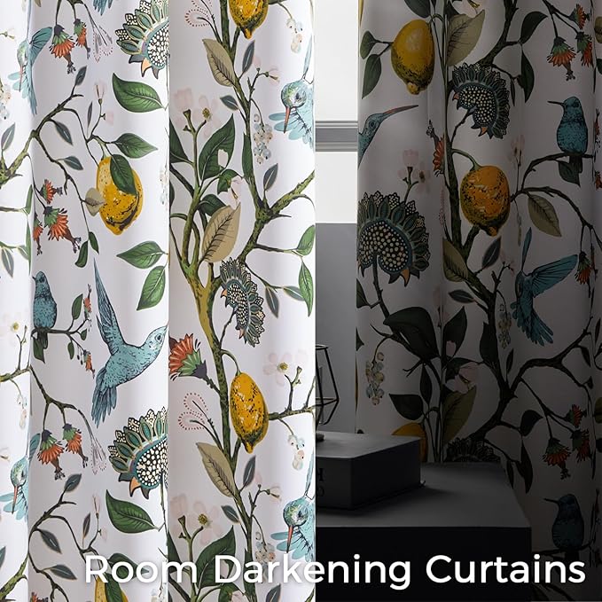 Blue White Vintage Floral Curtains 84 Inches Long for Living Room Bedroom Luxury Whimsical Lemon Hummingbird Patterned Waverly Mid Century Colorful Pinch Pleated Blackout Drapes 2 Panels