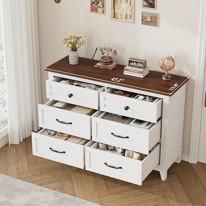 GarveeHome 6 Dresser for Bedroom, 47 in Wide Drawer Dresser with Storage Freestanding, Wooden Closet Storage Chest for Living Room, Bedroom, Entryway, White+Brown