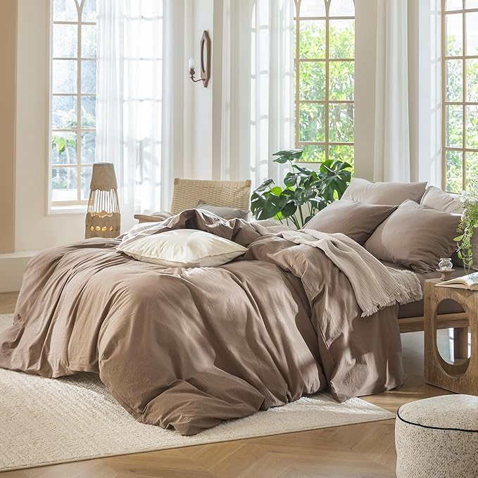MooMee Bedding Duvet Cover Set 100% Washed Cotton Linen Like Textured Breathable Durable Soft Comfy (Solid Brown, Cal King 104"x98")