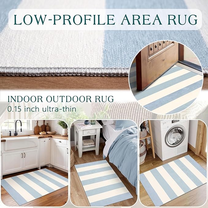 Front Door Mat Outside Entrance - 2x3 Sky Blue White Non-Slip Washable Doormat Indoor Outdoor Entrance Striped Rug Small Throw Rugs for Entryway Bedroom Kitchen Laundry Room Summer Porch Decor