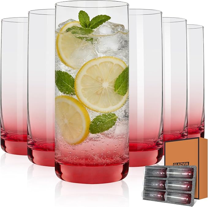 Red Highball Glasses Set of 6,13oz Red Drinking Glass Cups for Mixed Drink Cocktail, Beer, Mojito, Water and Juice,Thick Tall Crystal Glassware for Kitchen, Restaurant, Home Bar and Parties