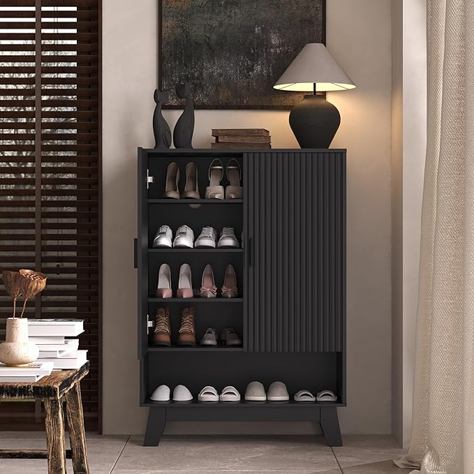 BOXACTION 4-Tier Fluted Shoe Cabinet with 2 Doors & Open Shelf, Mid Century Modern Shoe Storage Organizer with Adjustable Shelves, Metal Handles & Wood Legs, Hidden Shoe Rack for Entryway, Hallway