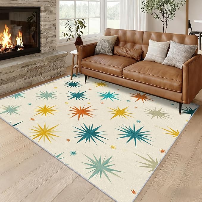Mid Century Modern Rugs for Living Room Decor, 4x6 ft, Retro Starburst Atomic Area Rugs for Bedroom, Soft Non Slip Washable Geometric Sunburst Carpet Home Decorations D-g48