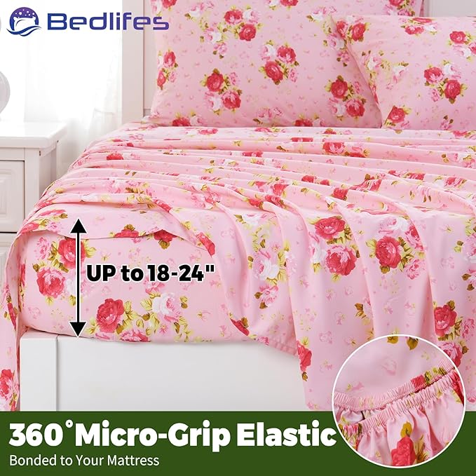 Bedlifes Extra Deep Pocket 18-24" King 4-Piece Sheet Set - Cooling Sheets Blend Rayon Derived from Bamboo Soft & Breathable,Featuring Pink Floral Red Rose