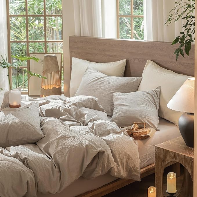 MooMee Wavy Striped Duvet Cover Set 100% Washed Cotton Linen Like Textured Breathable Durable Soft Comfy (Beige, Twin 68"x90")