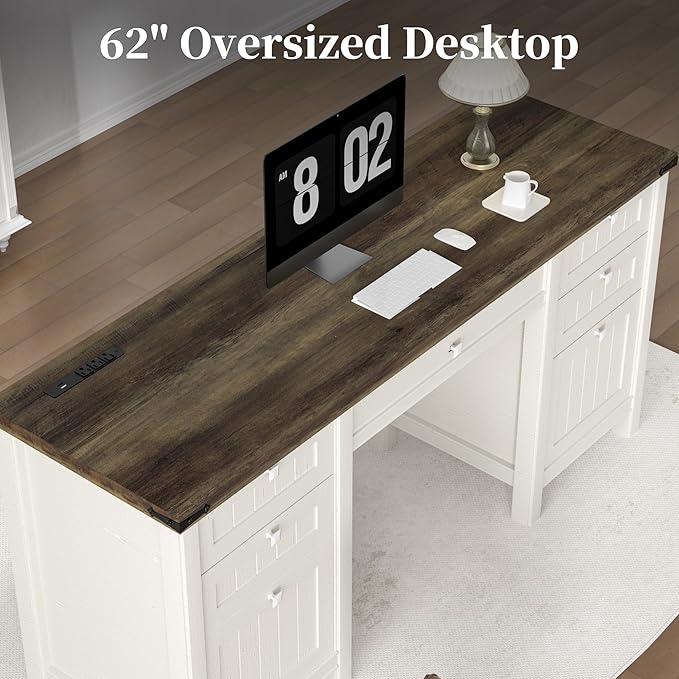 Executive Desk, Modern Farmhouse Computer Desk with Drawers & Cabinet, Home Office Desk for Work Study Writing Workspace (White, 62")