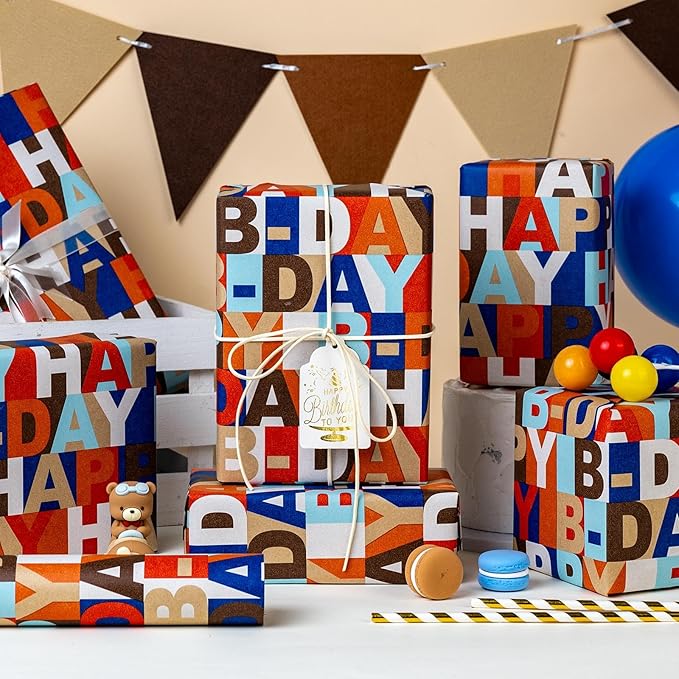 MAYPLUSS Happy Birthday Wrapping Paper Roll, Colorful Kraft Birthday Gift Wrap for Men Boys Girls Women 17 IN x 16.5 FT