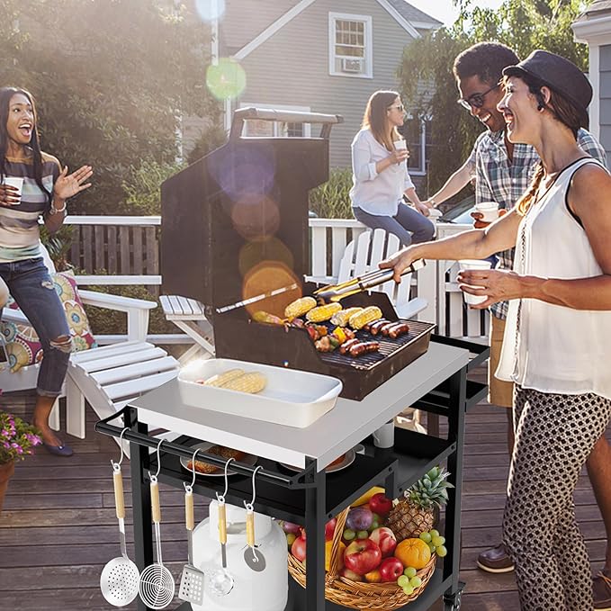 MEXMIODY Outdoor Grill Table, Multi-Function Pizza Oven Stand, Three-Shelf Food Prep and Work Cart Table, Heavy Duty Grill Cart for Party, Bar, Camping