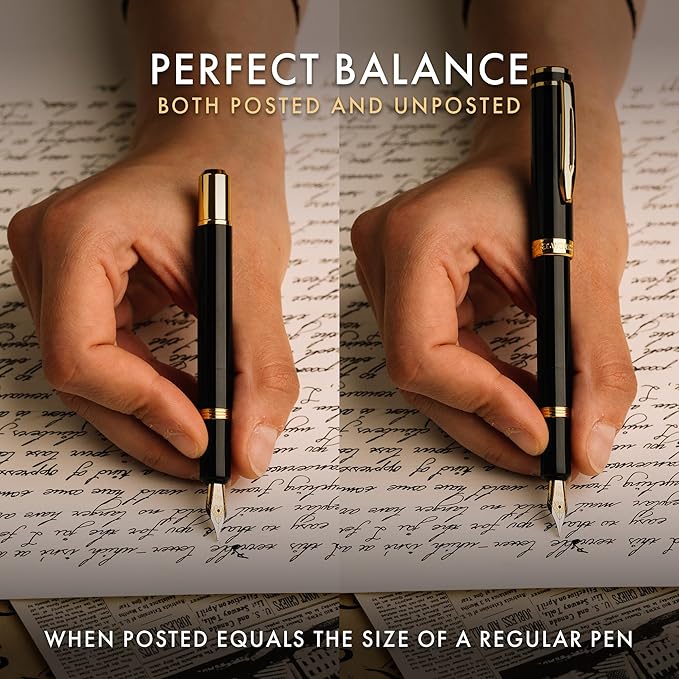 Wordsworth and Black Fountain Pen Mini EDC: Luxury Black Heavy Pocket Pen, Gold Finish, Medium Nib, 6 Ink Cartridges, Ink Converter, Travel Refillable Writing Pen Gift Set, Men & Women