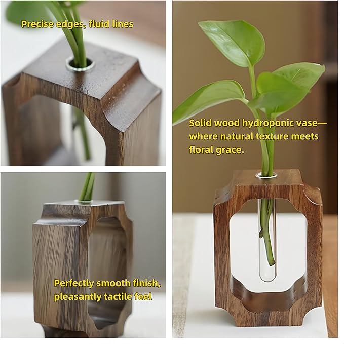 Solid Wood Frame Glass Tube Vase for Home Office Desktop Decor for Presents, Single Rose/Bud Vase, Wooden Centerpiece Vase Table for Restaurant Cafes Hotel(Small, Classic, 1 Pack)