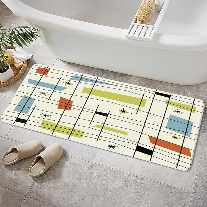 DYNH Mid Century Modern Abstract Geometric Bath Mat, Teal Blue Retro Grid Starbursts 19X31IN
