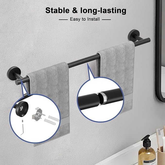 Matte Black Towel Bar, 18 Inch Towel Racks for Bathroom Wall Mounted, SUS304 Stainless Steel Bathroom Towel Holder, Total Length 20.4 Inch Towel Bars