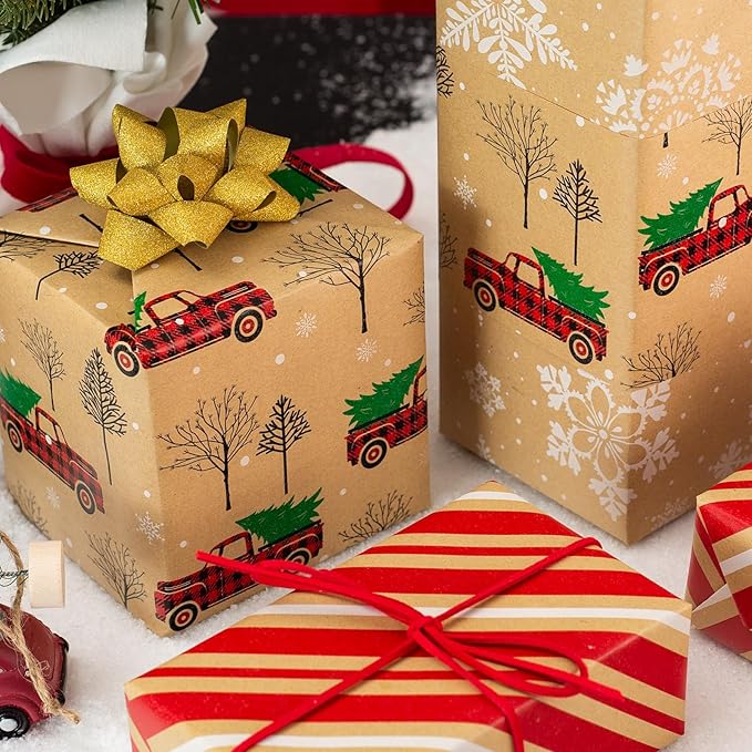 MAYPLUSS Christmas Wrapping Paper Roll - Mini Roll - 17in x 120in - Christmas Kraft Paper White Snowflake Red Truck, Stripe for Party, Birthday, Wedding, Anniversary (42.3 sqft)