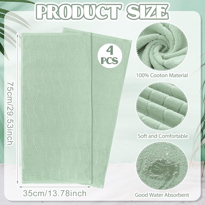 VitalCozy 4 Pcs Bathroom Hand Towels Set Light Green Wavy Striped Jacquard Towels 14x29 Inch 100% Cotton Soft Absorbent Decorative for Guest Bathroom Kitchen