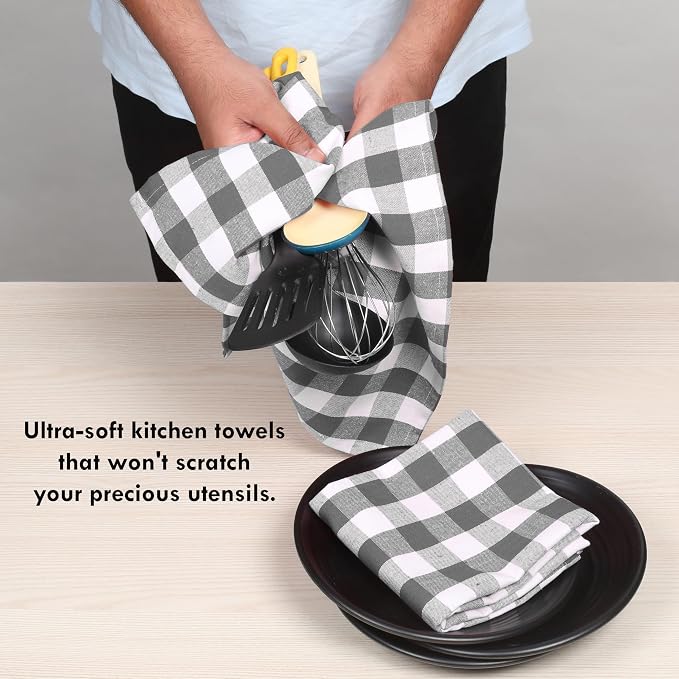Gingham Check Kitchen Towels, 4 Pack, 16x26 Inches, 100% Cotton - Soft, Highly Absorbent, Quick Drying, Dish Towels for Drying Dishes, Glasswares, Cleaning, Wiping Hands, Grey White
