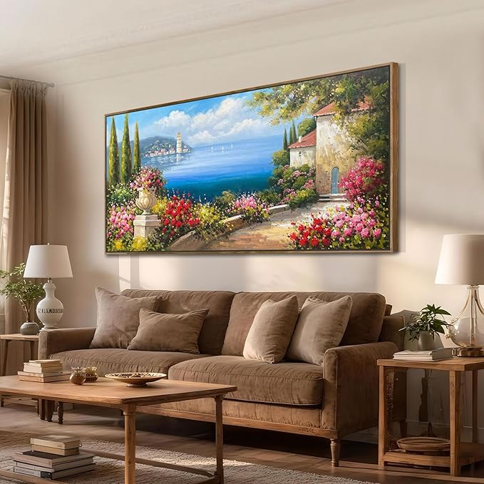 Arjun Large Wood Framed Landscape Wall Art Canvas Living Room Hand Painted, Mediterranean Seascape Painting Bedroom Flower Blue Ocean Picture Artwork Home Office Wall Decor, 48"x24"