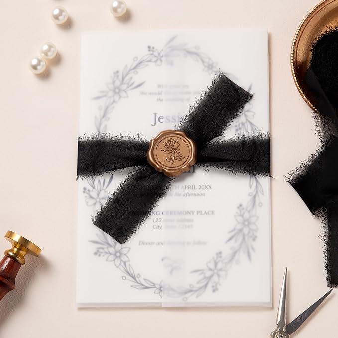 DORIS HOME Black Chiffon Ribbon for Flower Bouquet, 1" x21Yd Fabric Ribbon for Gift Wrapping, Handmade Frayed Ribbon for Wedding Invitations/Christmas Decorations