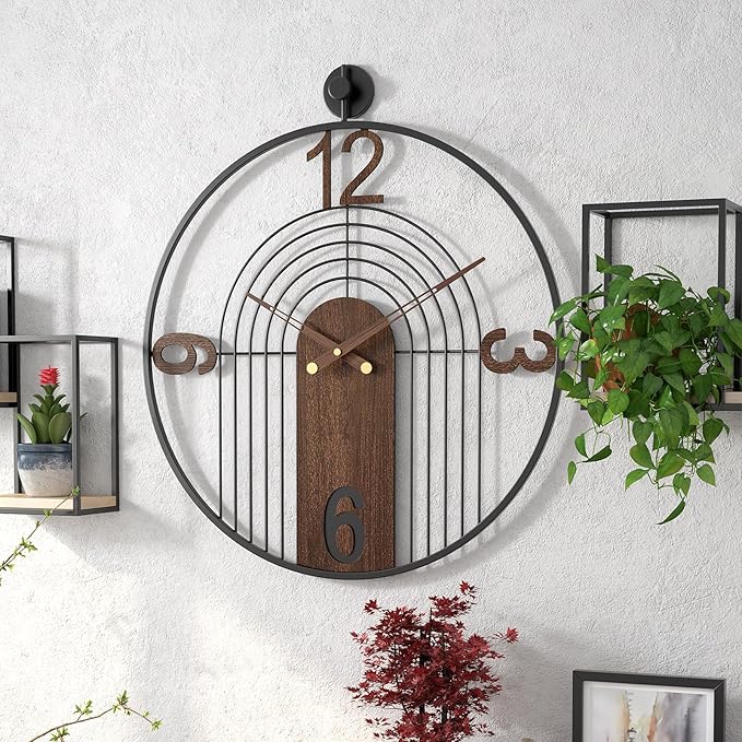 Modern Large Walnut Dial Wall Clock, Wood Metal Frame Silent Non Ticking Wall Clocks Decoration for Living Room, Bedroom, Kitchen, Study, Handmade Home Decor Present Idea, 22 Inch