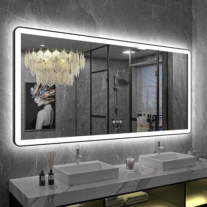 60"x30" LED Lighted Bathroom Mirror for Wall, Large Framed Bathroom Vanity Mirror with Lights, Independent Backlit and Front lit, Dimmable, Anti-Fog, Shatterproof, Memory, ETL Listed