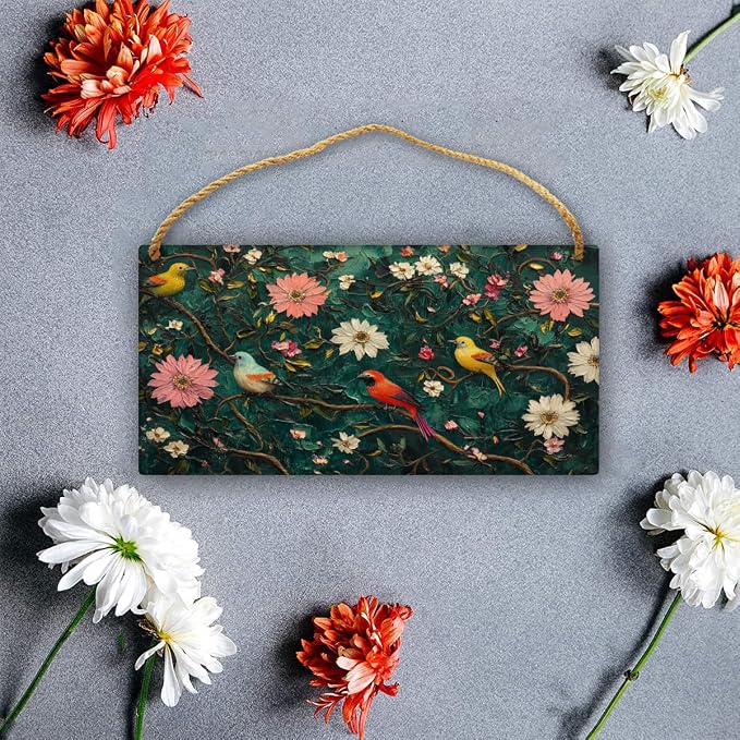 Retro Birds & Floral Scene Wooden Sign 12x6 Inch – Nostalgic Decors for Vintage Fans, Transform Gallery Wall & Great for Eclectic Interiors