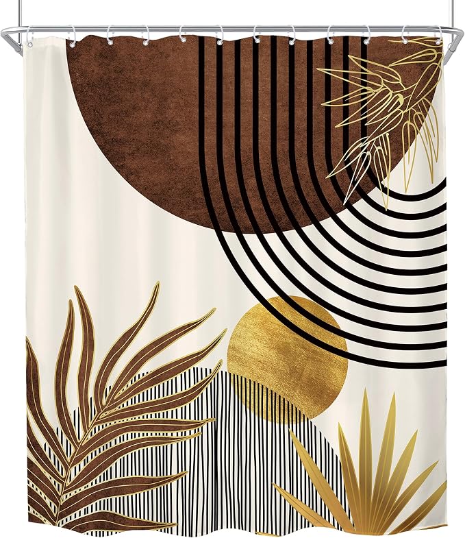 KOMLLEX Mid Century Brown Boho Shower Curtain for Bathroom Decor 72Wx78H Inches Abstract Modern Retro Tan Gold Minimalist Arch Vintage Geometric Fabric Waterproof Polyester 12 Pack Hooks Pack Hooks