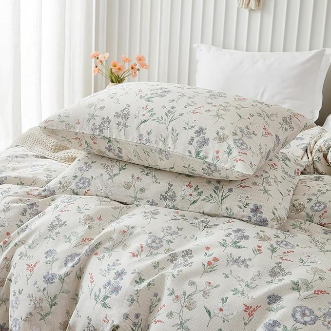 EAVD Chic Garden Floral Duvet Cover Full Beige Soft 100% Cotton Cute Colorful Floral Aesthetic Bedding Set with 2 Pillowcases Fresh Reversible Botanical Duvet Cover with Zipper Closure