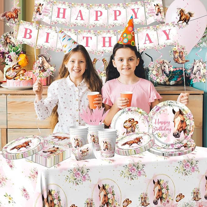 Horse Birthday Decorations Tableware,171PCS Cowgirl Floral Themed Birthday Tea Party Supplies,Flower paper plates,Horse napkins,Forks,Horse Table Cloth,for Girls Rodeo,Bachelorette Fairy Parties