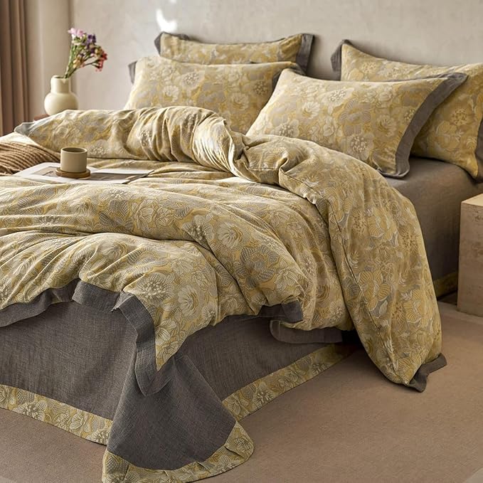 Jacquard Floral Duvet Cover Set Twin Premium Yarn-Dyed Cotton Yellow Gold Flower Duvet Cover Jacquard Reversible Floral Comforter Cover with Edge Design Vintage Garden Style Botanical Bedding Set Twin