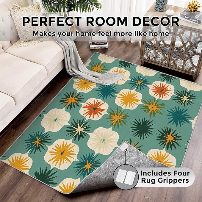 Mid Century Modern Rugs for Living Room Decor, 5x7 ft, Retro Geometric Flower Area Rugs for Bedroom, Soft Non Slip Washable 70s MCM Atomic Carpet Home Decorations D-g48
