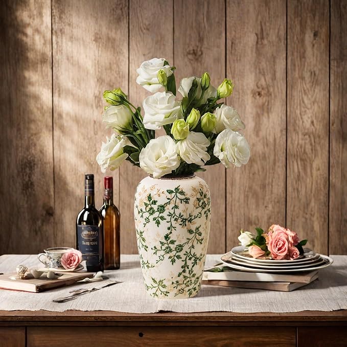 Vintage Green and Beige Flower Vase,Retro Chinoiserie Vase,Farmhouse Antique Decorative Ceramic Vases for Home Decor,Bookshelf, Dining Table, Coffee Table,Mantel,Grand Millennial Decor (H8.7 Inch)