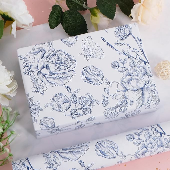 RayofSun Blue Floral Wrapping Paper Roll 17 in x 32ft Mini Roll Vintage Toile Flower Gift Wrap Paper for All Occasion Wedding Birthday Bridal Shower Party Baby Shower Christmas