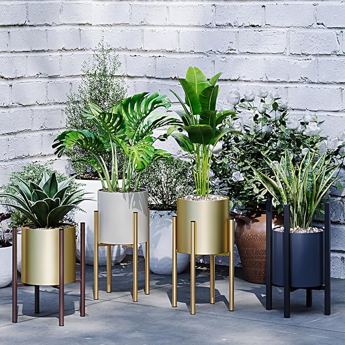 Adjustable Metal Plant Stand Indoor, Fits 8-14 Inch Pots, Mid Century Modern Gold Planter Holder,2 Heights, Heavy Duty 160 lb, Indoor Outdoor Corner Floor Pot Stand, Golden with Round Plate