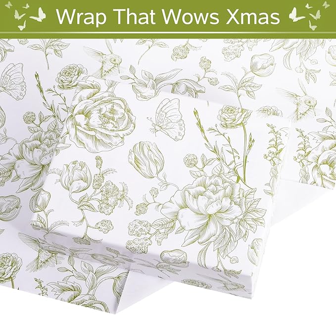 RayofSun Green Floral Wrapping Paper Roll 17 in x 32 ft Mini Roll Vintage Toile Flower Gift Wrap Paper for All Occasion Wedding Birthday Bridal Shower Party Baby Shower Christmas