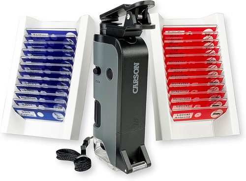Carson MicroFlip Pocket Microscope 100x-250x - LED & UV Light, Flip Down Base, 24 Prepared Slides Bundle